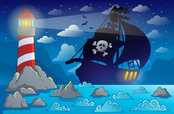 Силуэт пиратского корабля возле побережья 2 — стоковый вектор