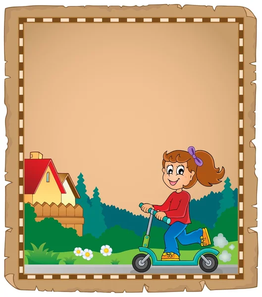 Parchment with girl on push scooter — Stock Vector