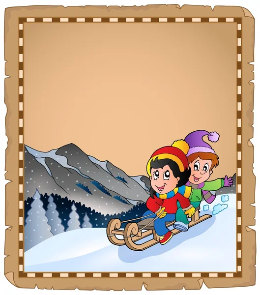 Parchment with children on sledge — Stock Vector