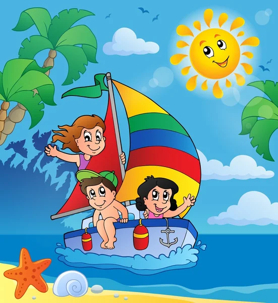Tema de verano con niños en el barco — Vector de stock