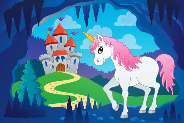 Şirin unicorn peri masalı mağara — Stok Vektör