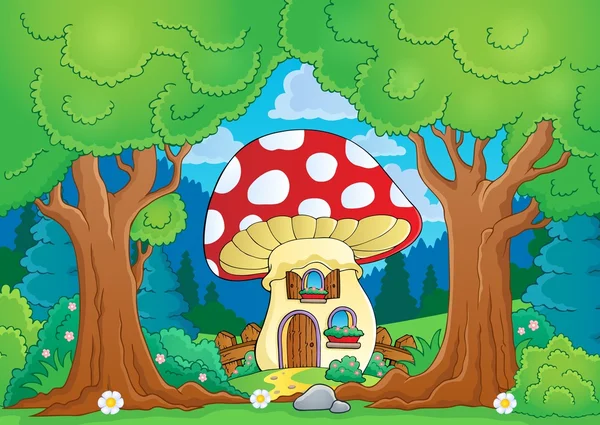 Tema de árvore com casa de cogumelos — Vetor de Stock