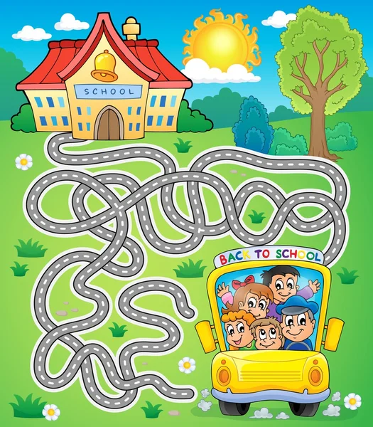 Labyrinthe 7 avec autobus scolaire — Image vectorielle