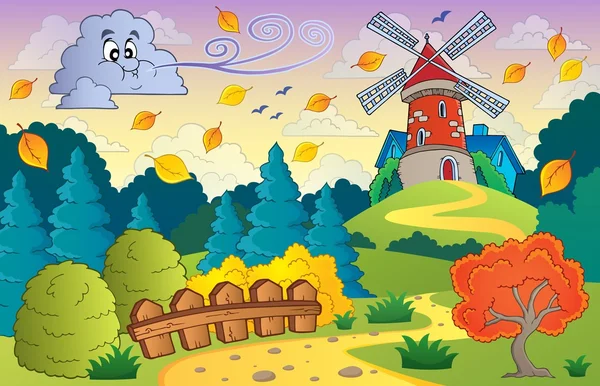 Otoño paisaje molino de viento y nube — Vector de stock