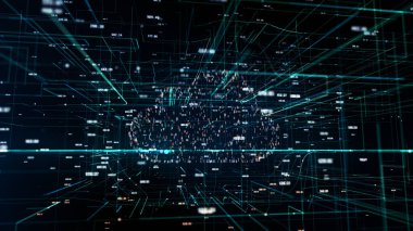 3D illüstrasyon, modern dijital dünyadaki bulut teknolojisinin sembolü rastgele esrar kodları ve bulut sembolünün etrafındaki diğer dijital gürültü.