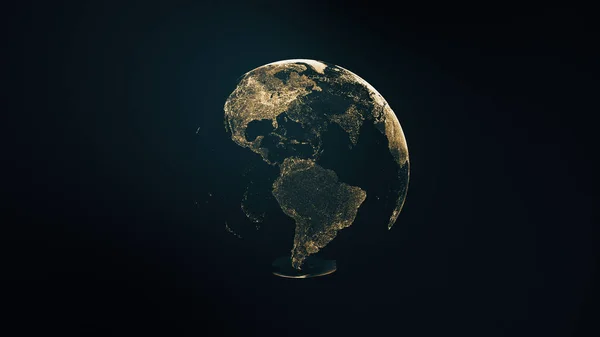 Illustration of golden globe of the Earth planet from particulars on dark background, wallpaper of North and South America view earth globe