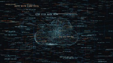 3D illüstrasyon, modern dijital dünyadaki bulut teknolojisinin sembolü rastgele esrar kodları ve bulut sembolünün etrafındaki diğer dijital gürültü, iç içe geçmiş hata efektleri