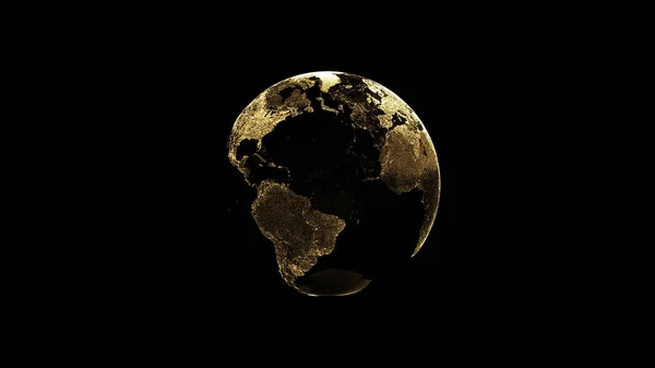 3D illustration of golden globe of the Earth planet from particulars on dark background, wallpaper of Atlantic view earth globe