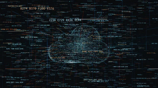 3D illüstrasyon, modern dijital dünyadaki bulut teknolojisinin sembolü rastgele esrar kodları ve bulut sembolünün etrafındaki diğer dijital gürültü, iç içe geçmiş hata efektleri
