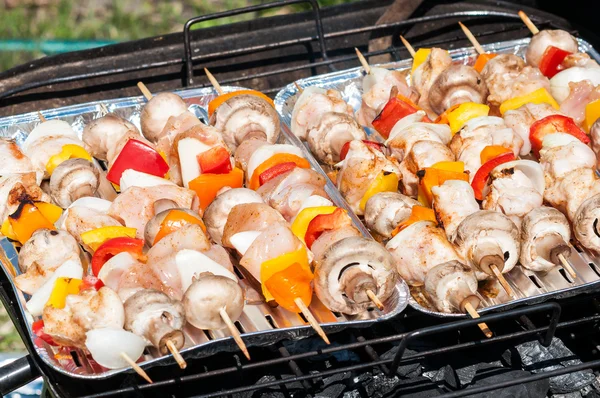 Preparation for the barbecue - raw skewers on a tray — Stock Photo, Image