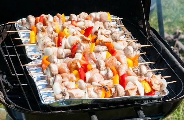 Voorbereiding voor de barbecue - ruwe spiesjes op een dienblad — Stockfoto