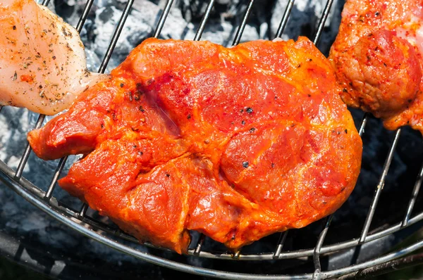 Voorbereiding voor de barbecue - vlees op de grill — Stockfoto