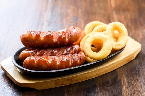 Grilled Sausage Onion Rings Good Addition Beer — Stock Photo, Image