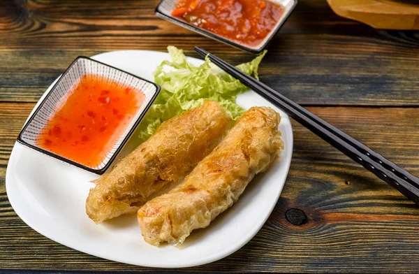 Homemade Spring Rolls Vegetables Chicken Served Various Sauces — Stock Photo, Image