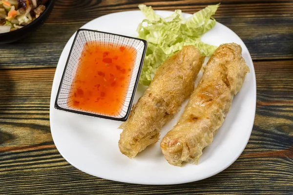 Homemade Spring Rolls Vegetables Chicken Served Various Sauces — Stock Photo, Image