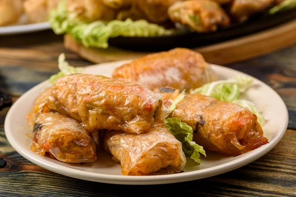 Homemade Spring Rolls Vegetables Chicken Served Various Sauces — 图库照片