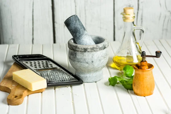 Cheese Olive Oil Pepper Mortar Grinder Kitchen Accessories Ingredients — Stock Photo, Image