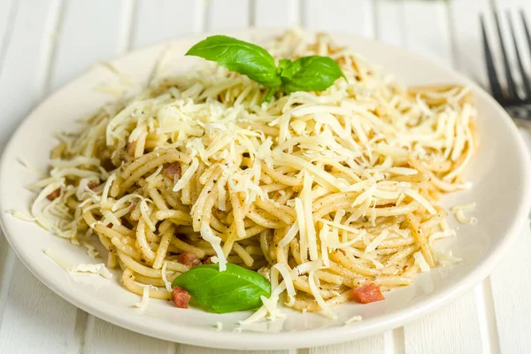 Pasta Pepper Bacon Sprinkled Grated Cheese — Photo