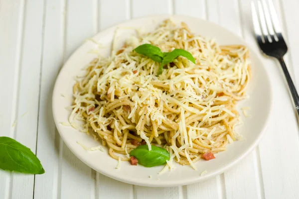 Pasta Pepper Bacon Sprinkled Grated Cheese — Photo