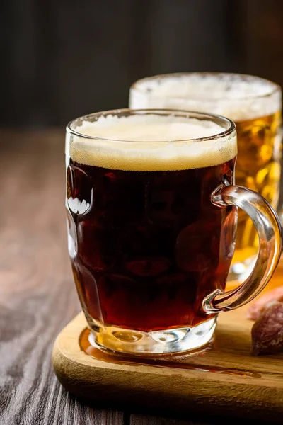 Traditional Mug Beer Pretzels Light Dark Beer — Zdjęcie stockowe