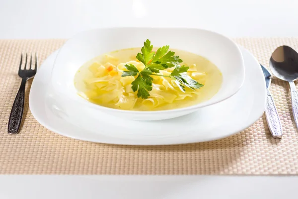 Broth Cooked Chicken Meat Vegetables Served Noodles Εικόνα Αρχείου