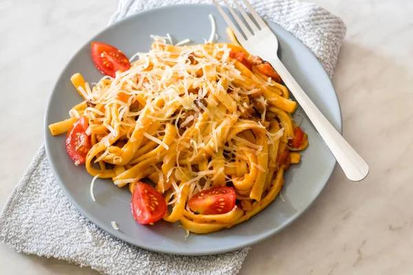 Dish Inspired Italian Cuisine Tagliatelle Pasta Tomato Sauce Sausage — Foto de Stock