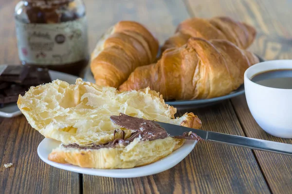 Croissants Chocolate Cup Coffee Sweet European Breakfast — Stockfoto