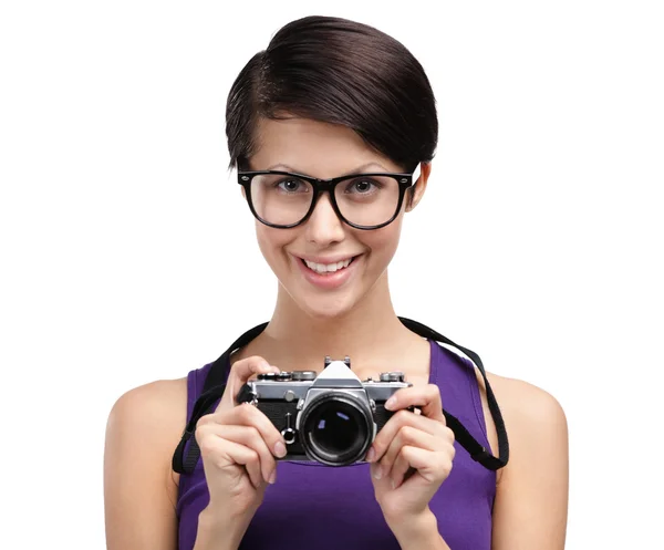 Pretty woman hands retro photographic camera — Stock Photo, Image