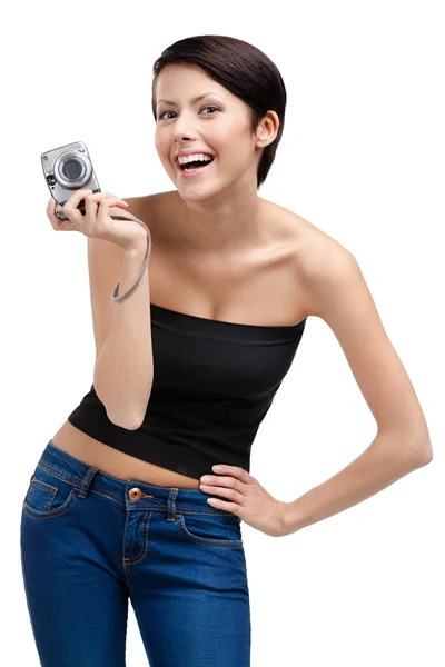 Lady holds amateur hand-held camera — Stock Photo, Image