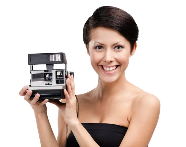 Lady takes photos with cassette photographic camera — Stock Photo, Image