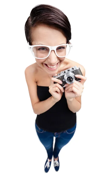 Chica con cámara fotográfica retro — Foto de Stock