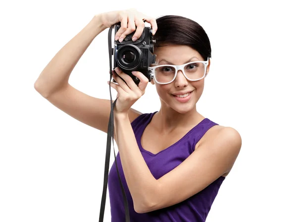 Woman hands professional photographic camera — Stock Photo, Image