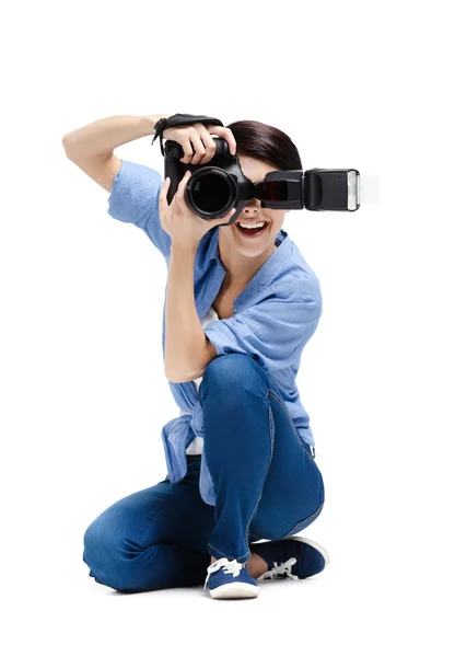 Girl-photographer takes pictures — Stock Photo, Image