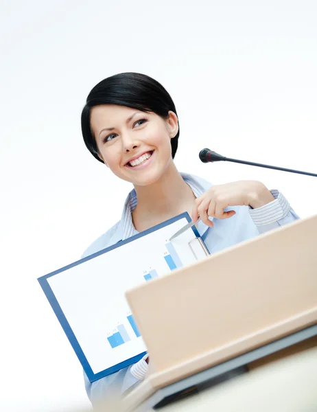 Female speaker at the podium — Stock Photo, Image