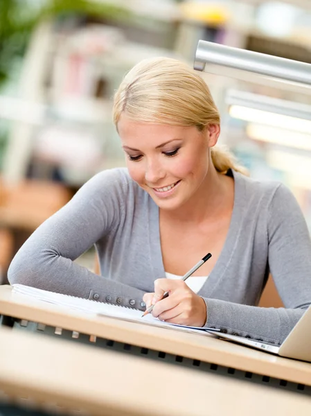 Student werkt aan de balie — Stockfoto