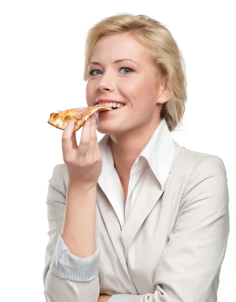 Mulher de negócios comer pizza — Fotografia de Stock