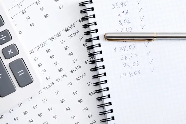 Close up of business notebook, pen, calculator — Stock Photo, Image