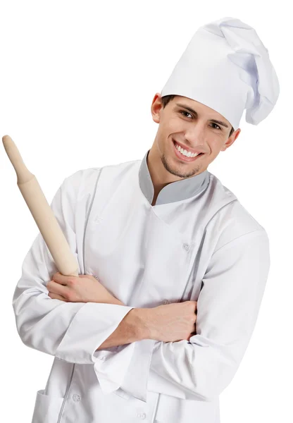 Chef cook with wooden rolling pin — Stock Photo, Image