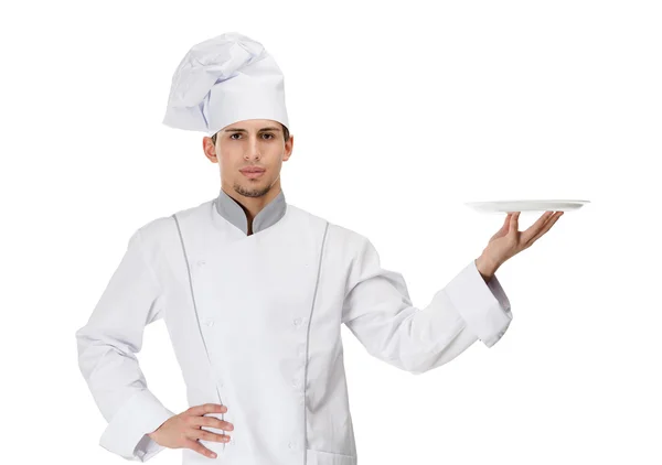 Cozinheiro entregando uma placa branca — Fotografia de Stock