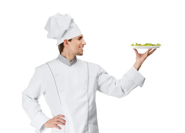 Retrato del cocinero jefe con plato de ensalada —  Fotos de Stock