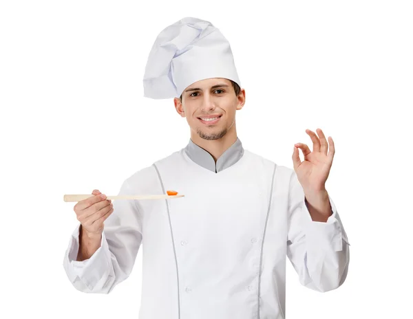 Šéf kuchař chutná připravené misky — Stock fotografie