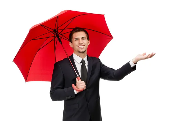 Palming się człowiek z parasol sprawdza deszcz — Zdjęcie stockowe