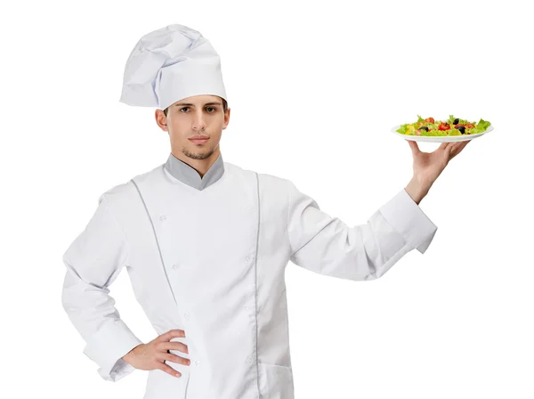 Ritratto di chef cuoco con insalata sul piatto — Foto Stock