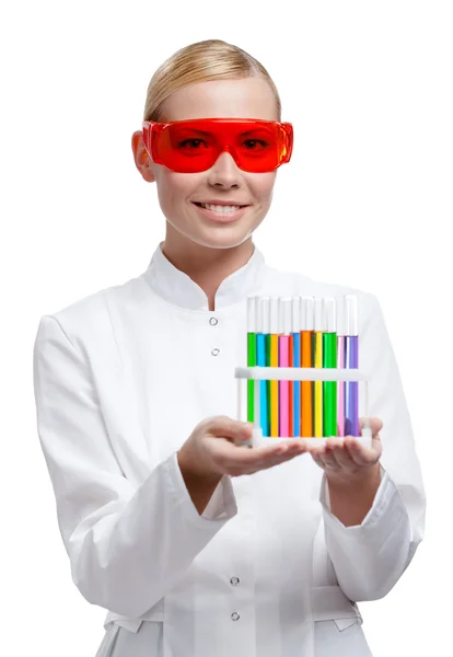 Lab assistant in spectacles hands test-tubes rack — Stock Photo, Image