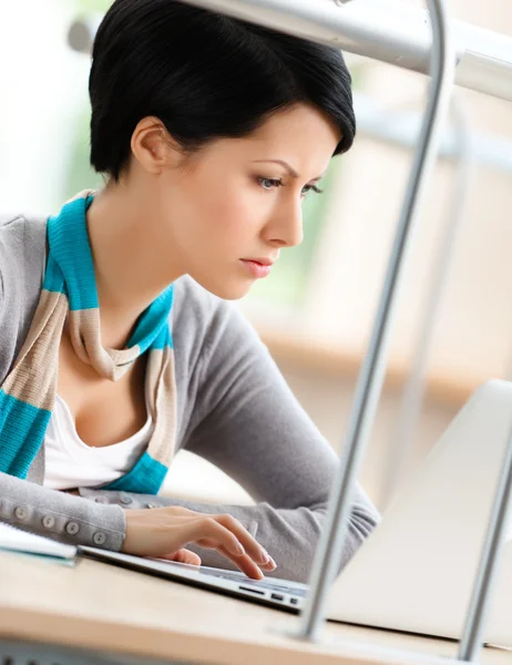 Female student works on the laptop — Stock Photo, Image