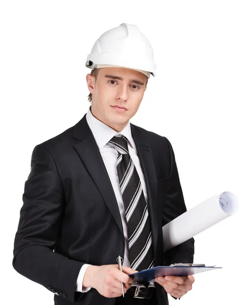 Making notes man in white helmet — Stock Photo, Image