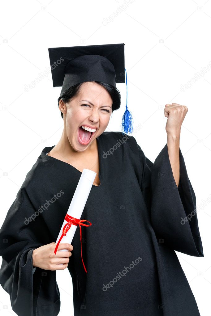 Graduating student gesturing fist with the certificate