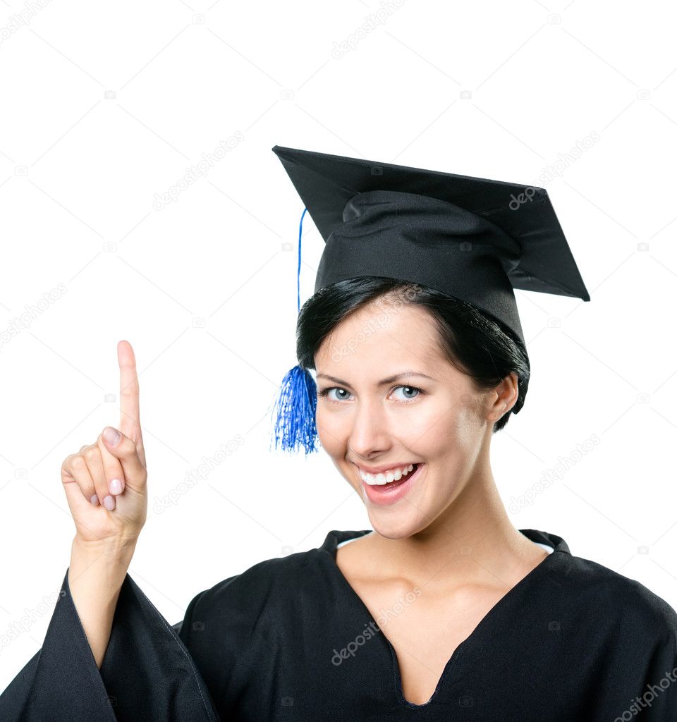Smiley graduating student making the attention gesture