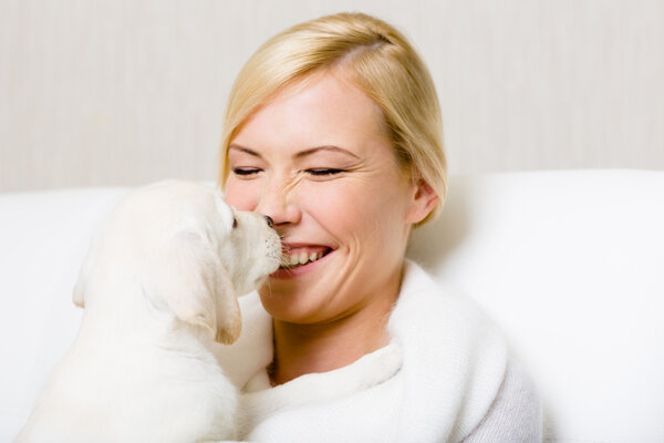 Labrador puppy licking the face of woman
