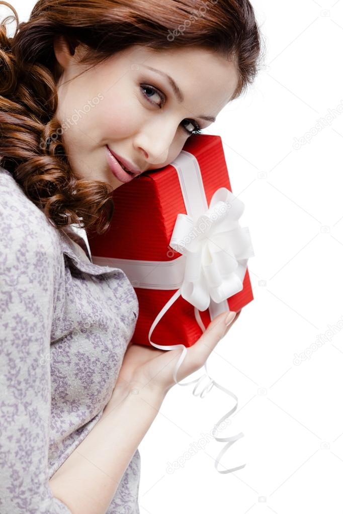 Young woman is satisfied with a gift